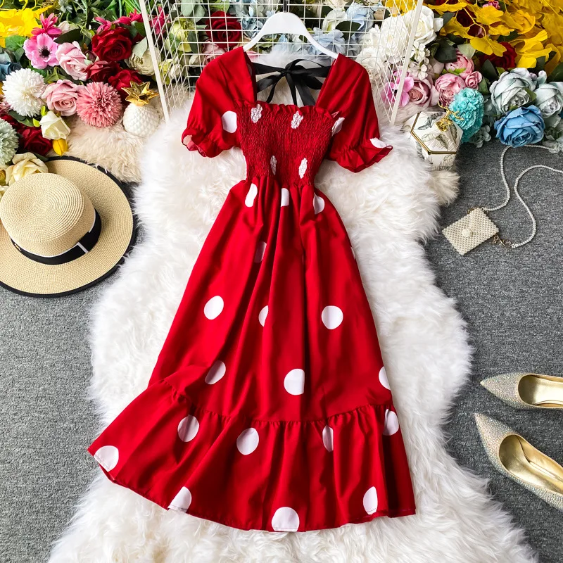 

Women Classic Bandage Waist Square Collar Backless Long Dress Dot Print Fashion Summer Dress