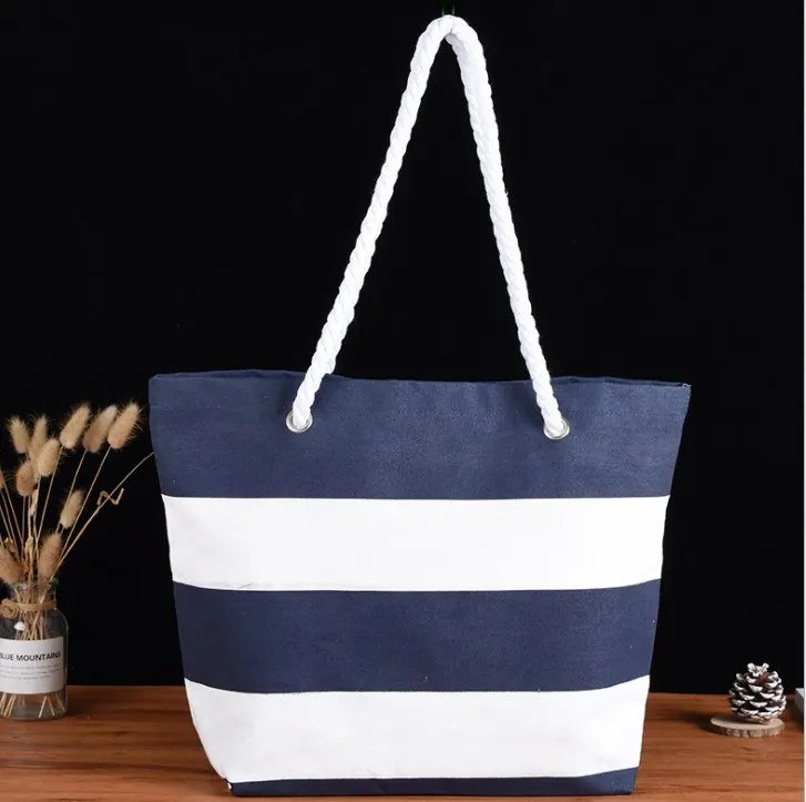 

Manufacturer stock cotton canvas shopping bag rope print stripes tote bag custom logo beach bags factory