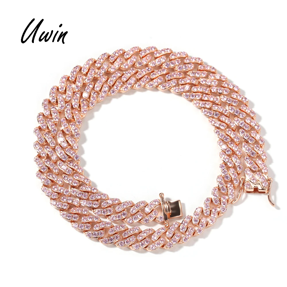 

Full Iced Out Pink Cubic Zirconia 9mm Cuban Necklace CZ Diamond Cuban Miami Chain for Women, Rose gold or custom for you