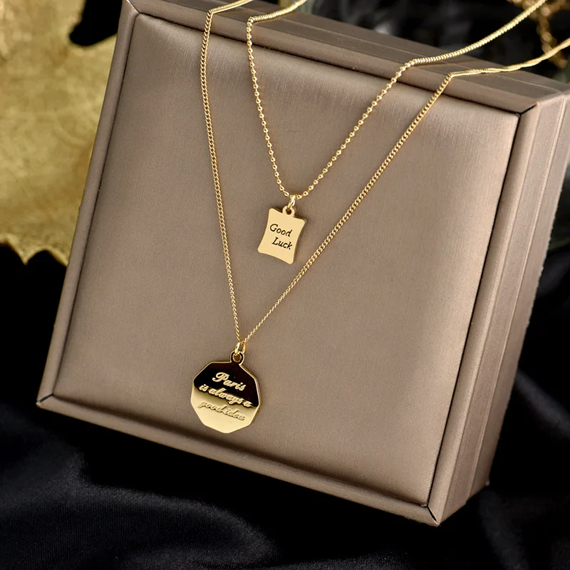 

Ins Gold Stainless Steel Good Luck Small Square Two Layers Clavicle Chain Necklace for Women Jewelry Wholesale, Gold, silver, rose gold