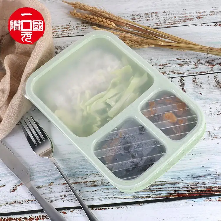 

New Wheat straw split grid lunch box lunch box student office worker canteen fast food box outdoor portable microwave heating