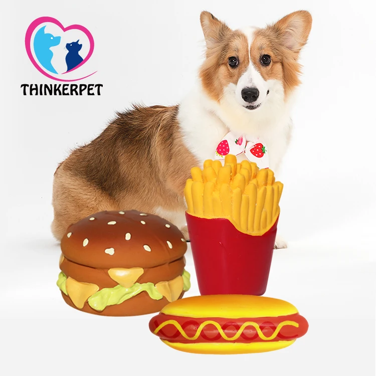 

10% off Thinkerpet Cute Hamburger Hotdog Fries Food Series Chew Pet Toys Interactive Latex Squeaky Dog Toy, As image