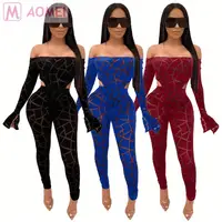 

N1034 best seller off the shoulder mesh check flare sleeve bodysuit club sexy two piece set women clothing summer