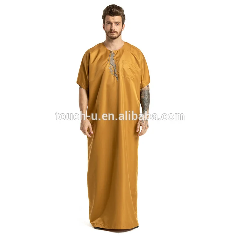 Men  Kaftan Jilbab Arbric Jubba Muslin Short Sleeves Clothes Abaya Thobe