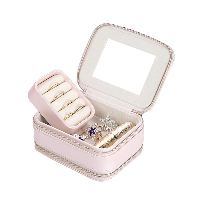 

Wholesale Custom Travel Jewelry Box Two Zipper Leather Ring Earring Necklace Case Small Velvet Jewellery Storage Boxes Organizer