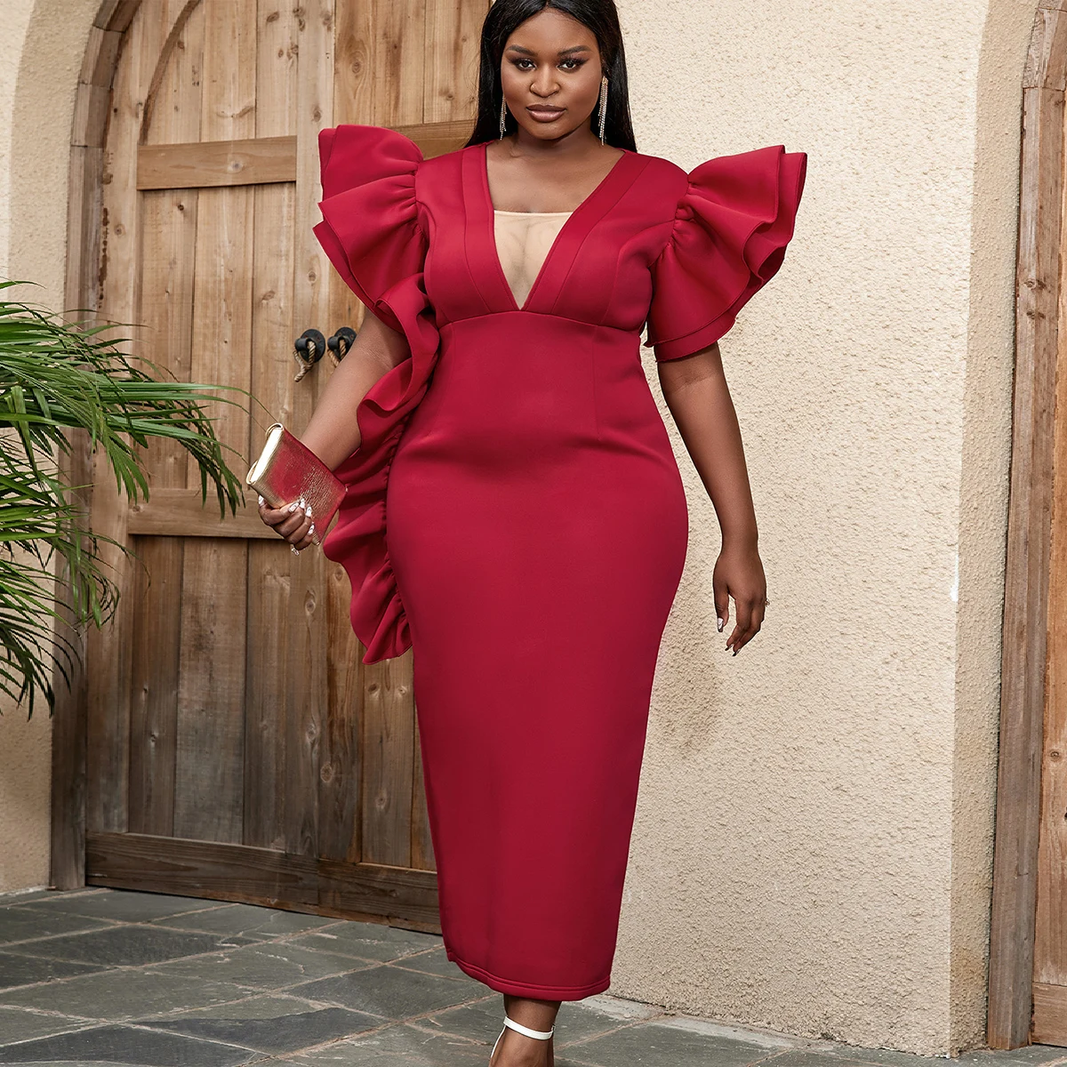 Elegant Party Deep V Neck See Through Ruffled Long Plus Size Women Dresses