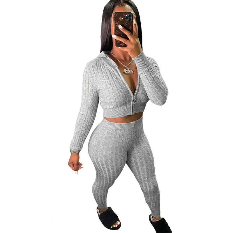 

Fashion Casual Long Sleeve Zipper Knitted hooded Cardigan Waist Sweatpants Sets 2020 Winter Female Tracksuit Two Piece Set, Picture color