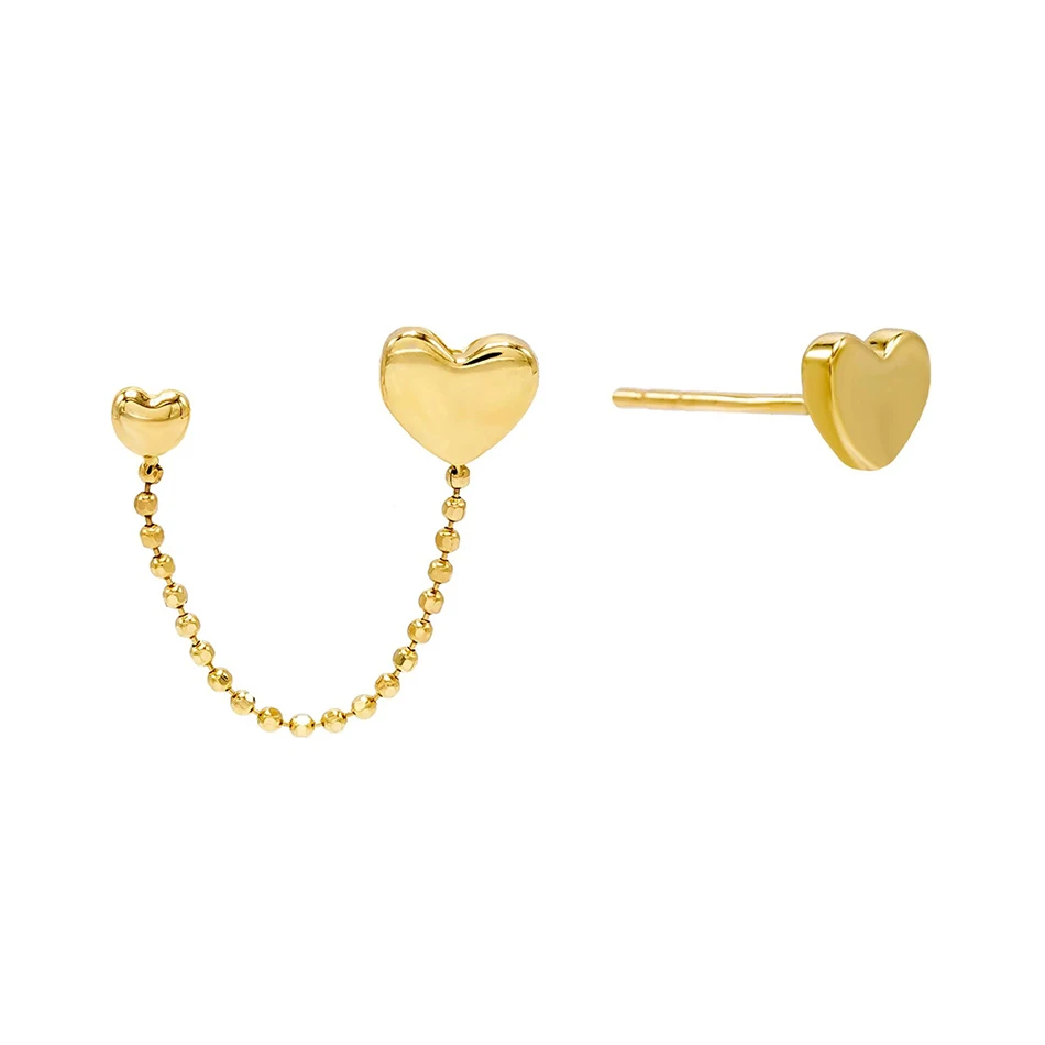 

925 sterling silver women earrings nice gift for lover 18k gold plated double heart chain stud earrings