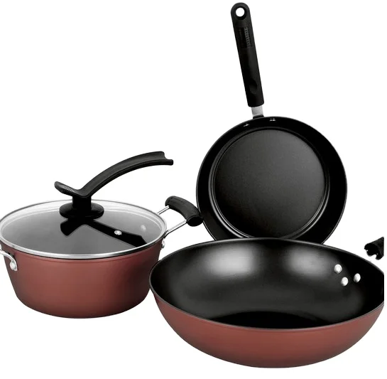 

Hot Sale Non-stick 3pcs cookware sets Kitchen Cooking Pot Set, Black with red