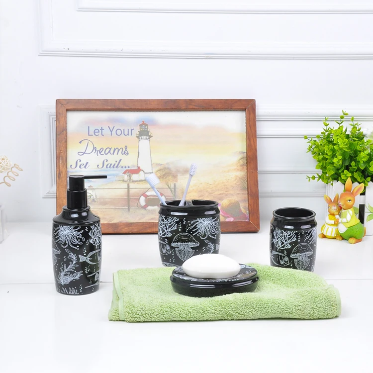 

Custom Logo Ceramic Sea World Decal Washroom Accessories Set Ceramic Black Bathroom set
