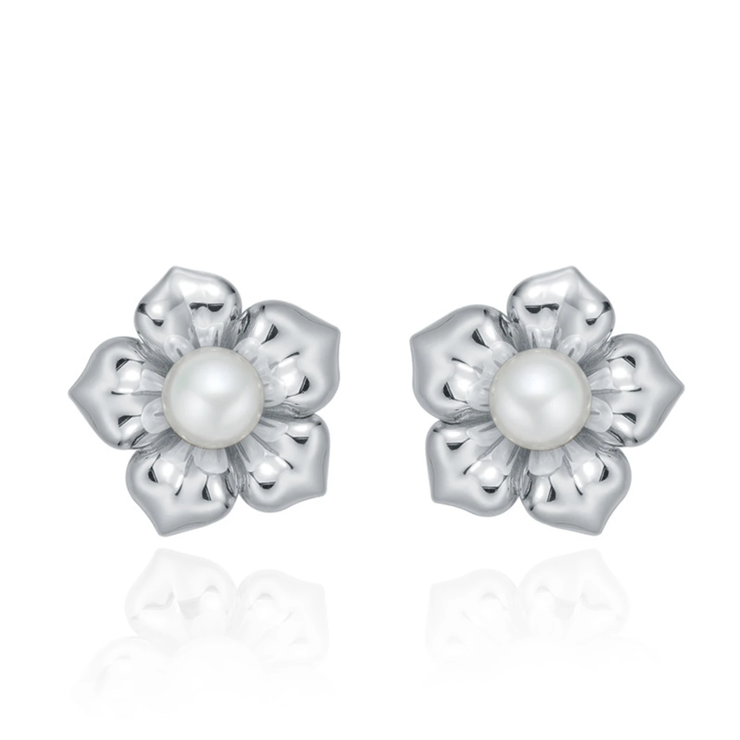 Women Waterfreah Pearl Flower Earring Jewelry 925 Sterling Silver Stud Earrings(图1)