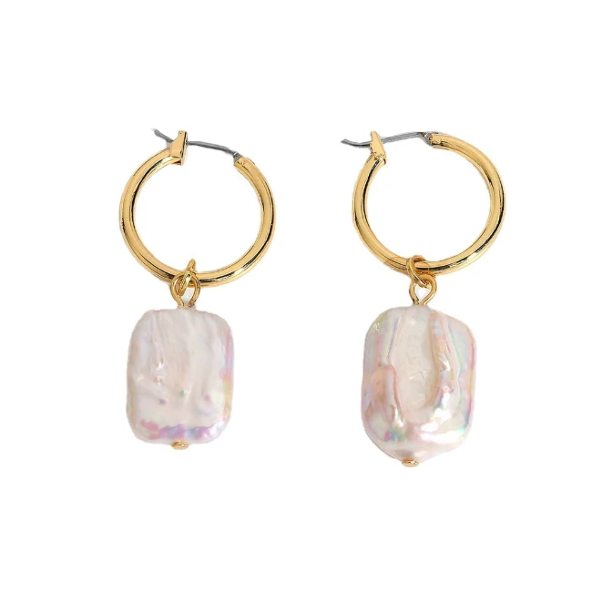 

Dainty jewelry hypoallergenic arge flat baroque pearl hoop pendent earrings, Gold