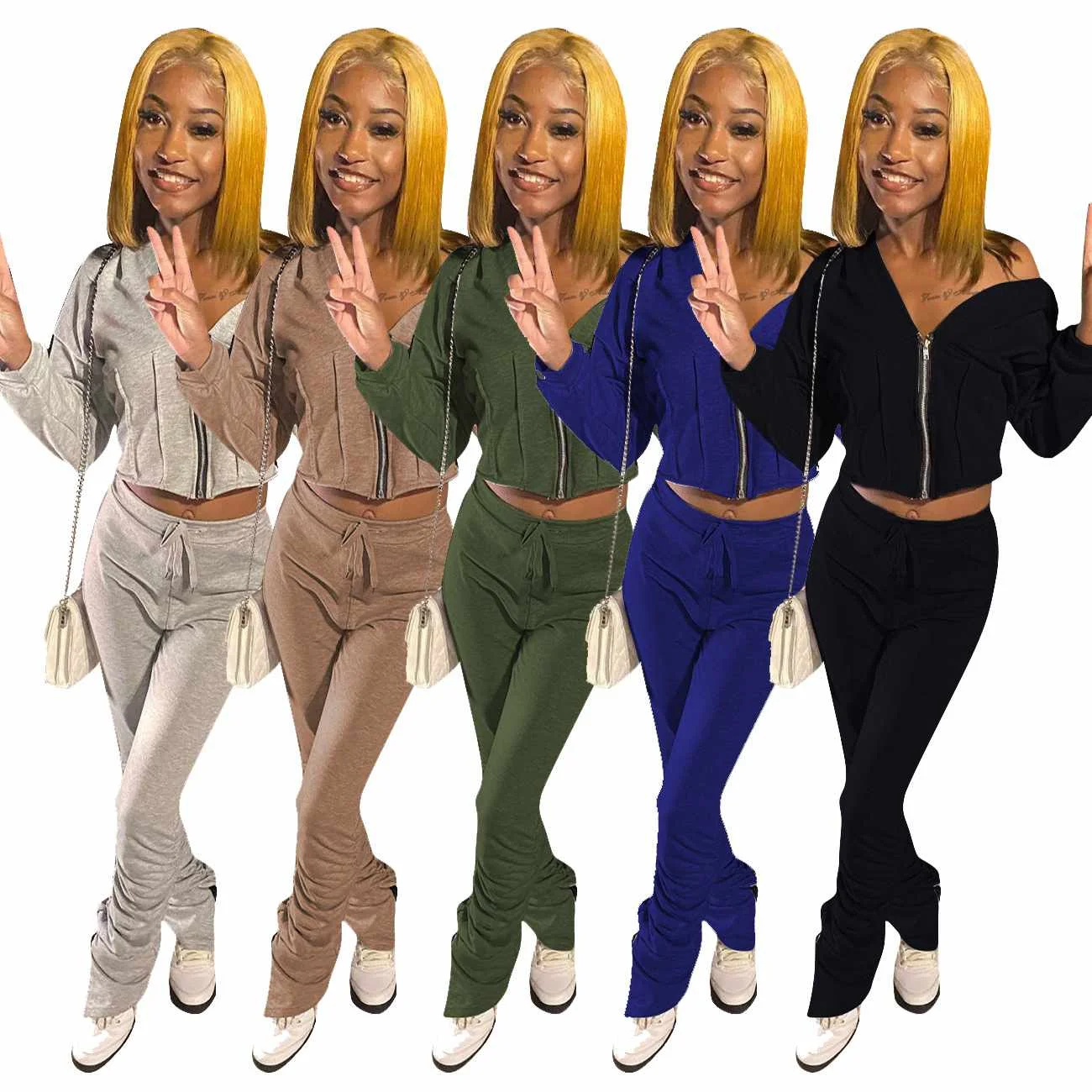 

solid color Pleated fall long sleeve women 2 piece outfit two piece pants set