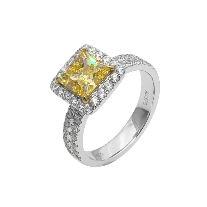 

Factory Beautiful Christmas Gift Radiant Simulated Pink White Yellow Diamond 9K Gold Ring, Closed to natural yellow diamond