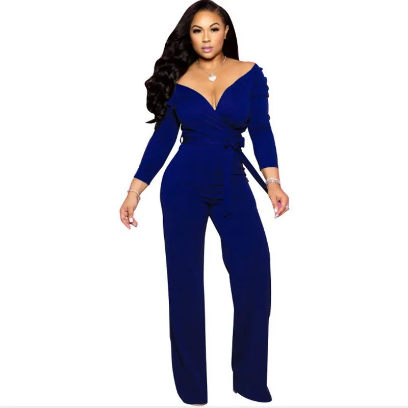 Stylish Long Sleeve Loose Pant Casual Solid Color Bodysuit V Neck Fitness Rompers Sexy Plus Size Bow Knotted Jumpsuit