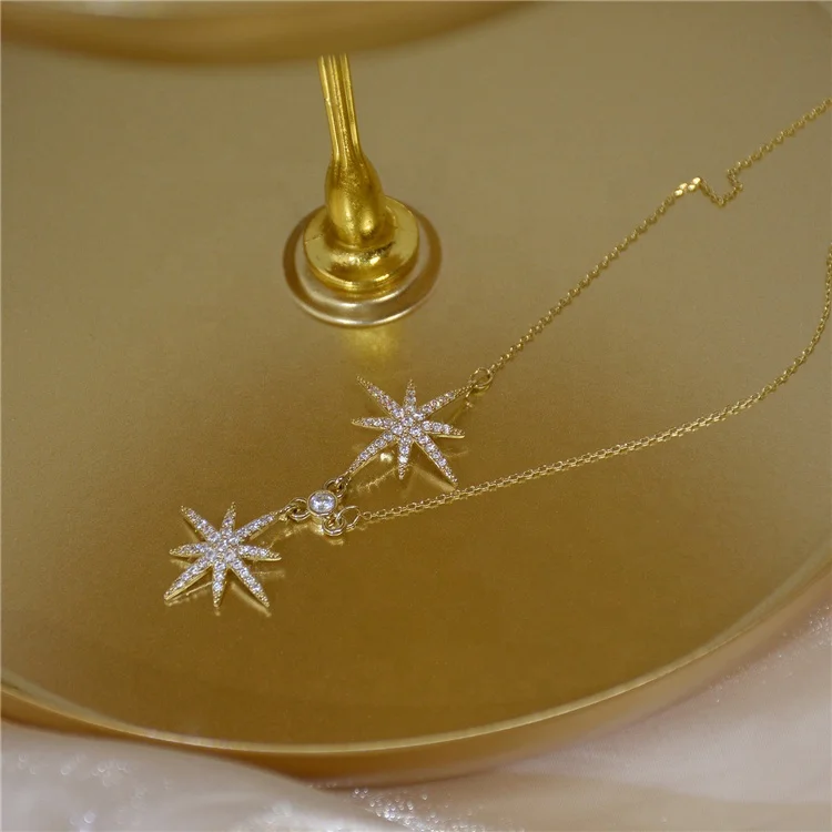 

Top quality dainty brass 14K real gold plated star micro inlay siny cubic zirconia choker necklace for women jewelry, Silver/gold