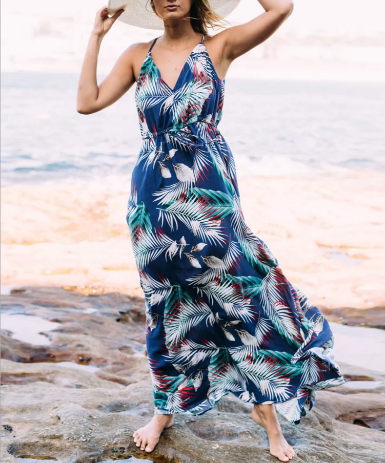 

fashion popular Sexy Tropical Print Spaghetti Neck Floral Maxi Dress Sling beach dress