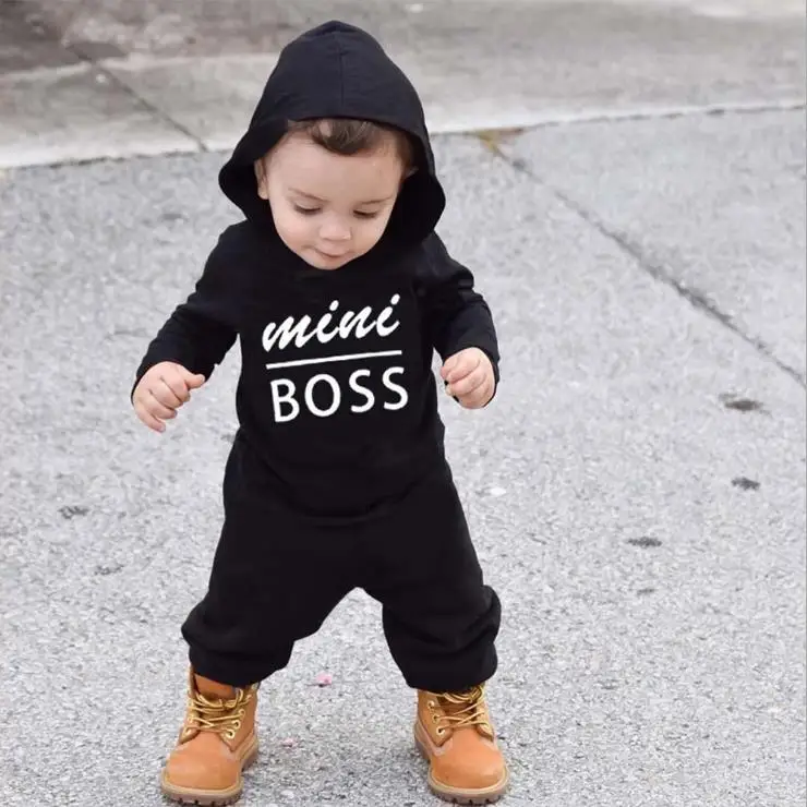 

0-12 Months Baby Clothes Mini Boss Baby Spring Autumn Winter Hooded Rompers Infant Kids Boys Girls, Black