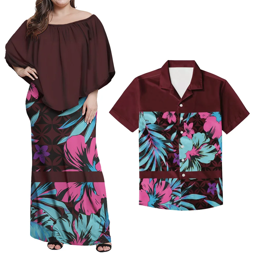 

Polynesian Samoan Tribal Design Custom Retro Style Female Frill Dresses Men's Shirt Trendy Party Dress Couples Dress, Customized color