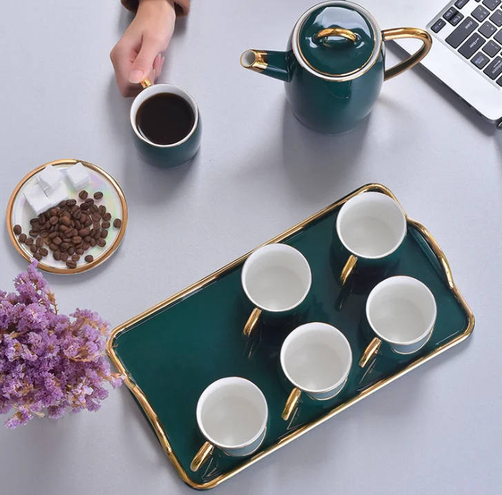 High Quality Emerald Green Ceramic Coffee Tea Set Wtih Tray Nordic