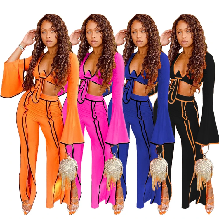 

D95040 Fashion womens autumn new style womens personality line wide-leg sports suit
