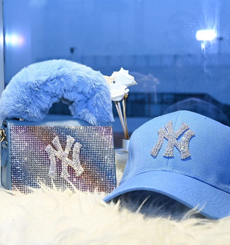

Brand rainbow ladies luxury glitter mini blue bling ny purse and hat, 7 colors