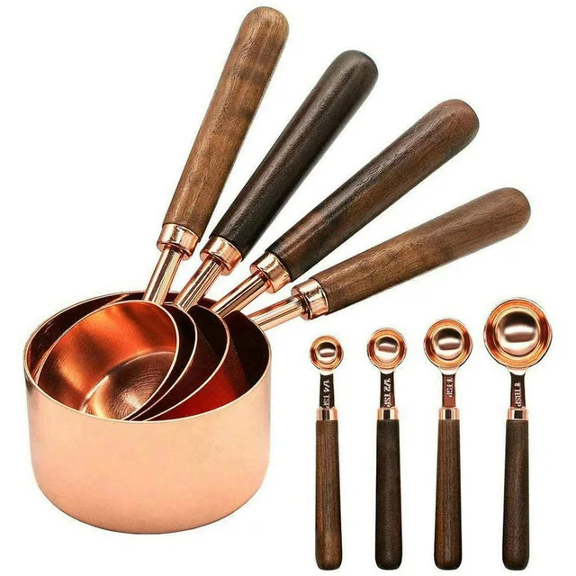 

Walnut Wooden Handle Stainless Steel Rose Gold Measuring Cups And Spoons Set of 8 Piece