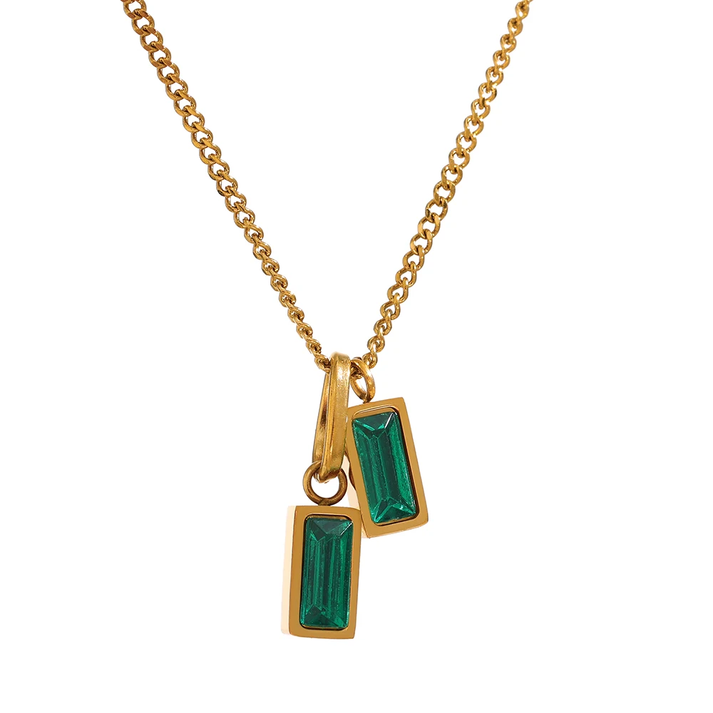 

JINYOU 583 Statement 18K Gold Plated Collar Necklace Stainless Steel Green Zircon Pendant Necklace