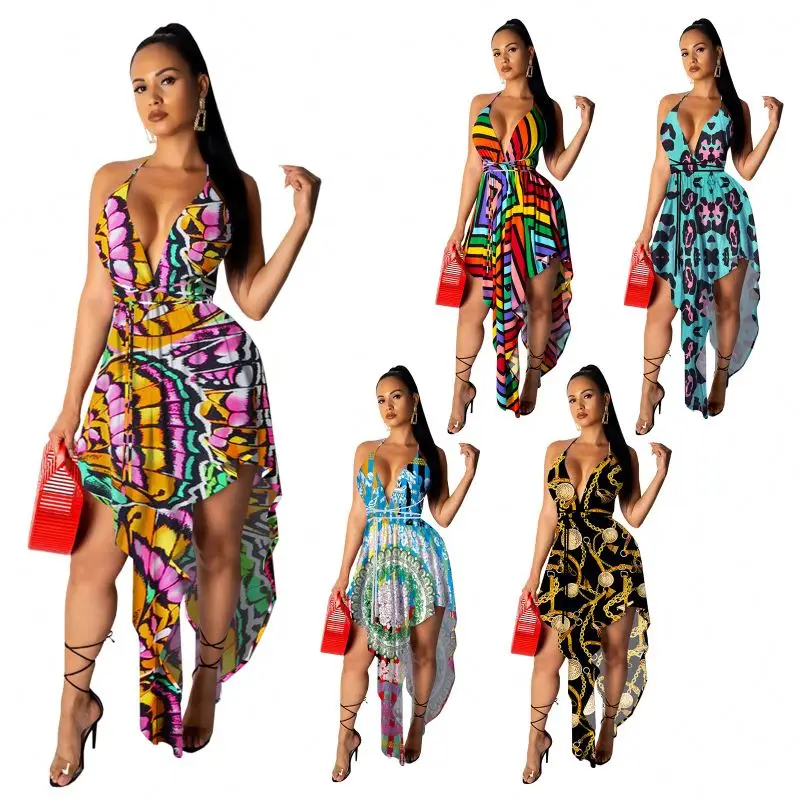 

CYQ034 2021 Summer Fashion Women Chic Sexy V Neck Multi-Print Irregular Sling Beach Boho Dress, As shown