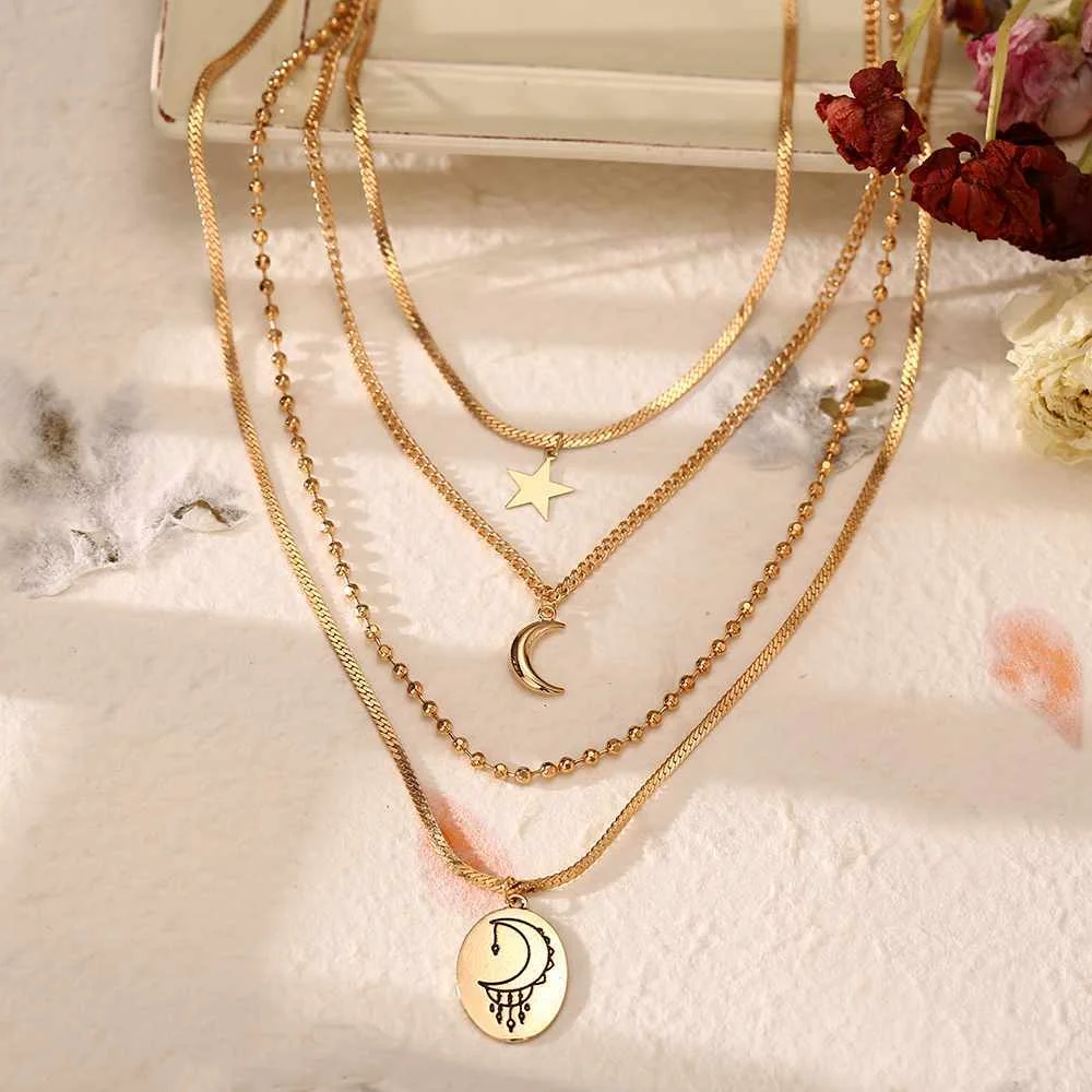 

2021 Hot Selling Gold Chain Star Moon Heart Pendant Choker Necklace Multi-layer chain for Women Gift