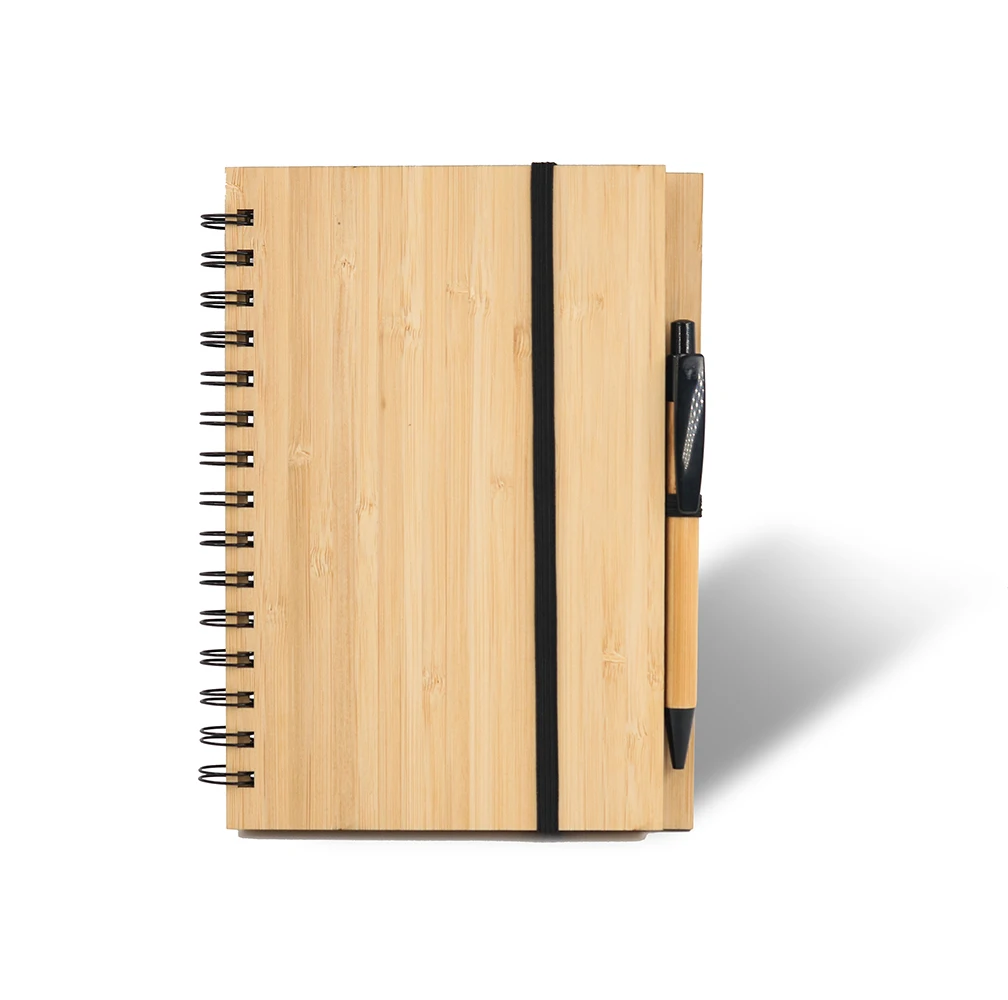 

Wholesale Eco Friendly Bamboo cover notebook A5 size with ball pen custom logo gift set