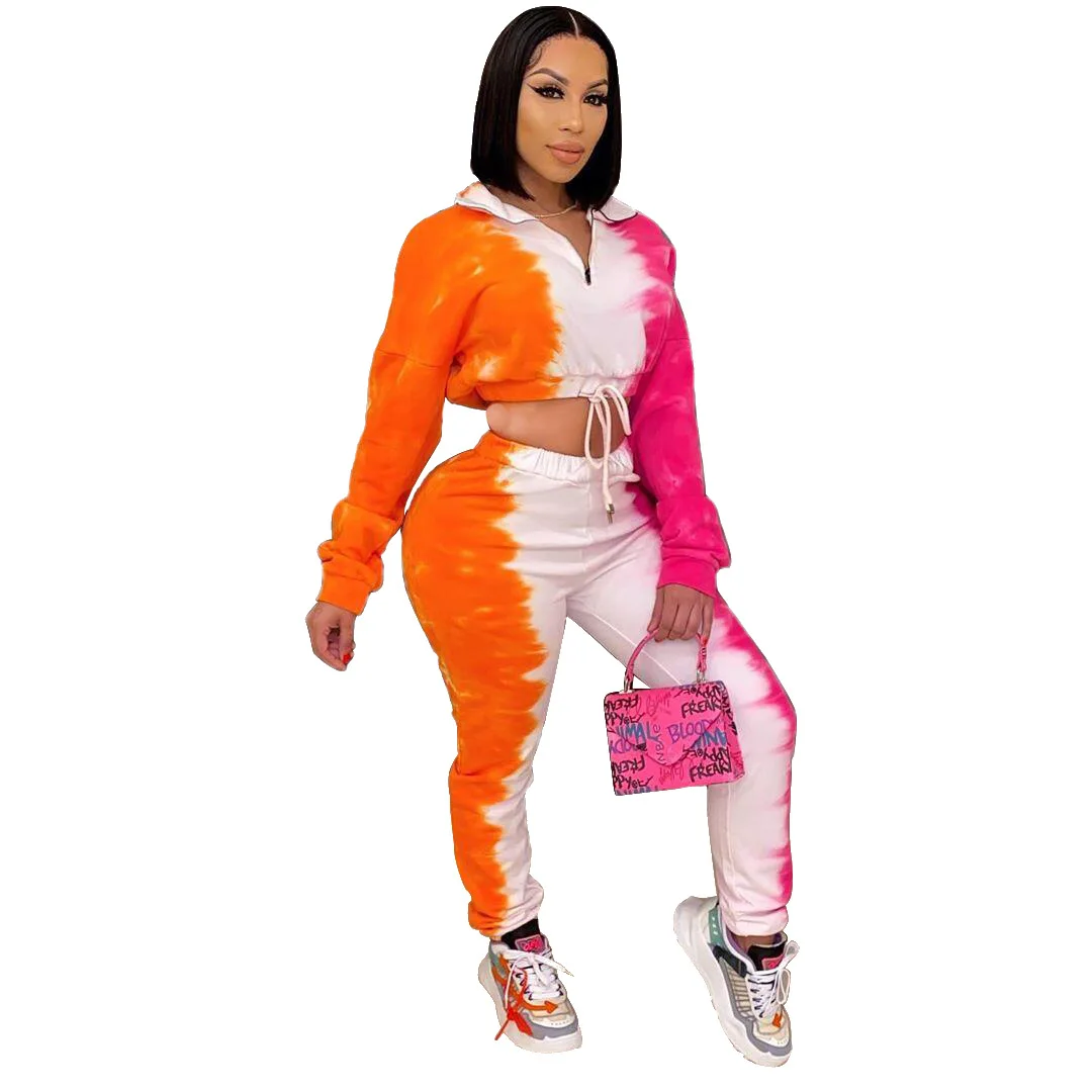 

2021 New Arrivals Stylish Casual Tie-Dye Womens Outfit Two-Piece Set Fashion Spring Autumn Women 2 piece SweatSuit Clothing Set