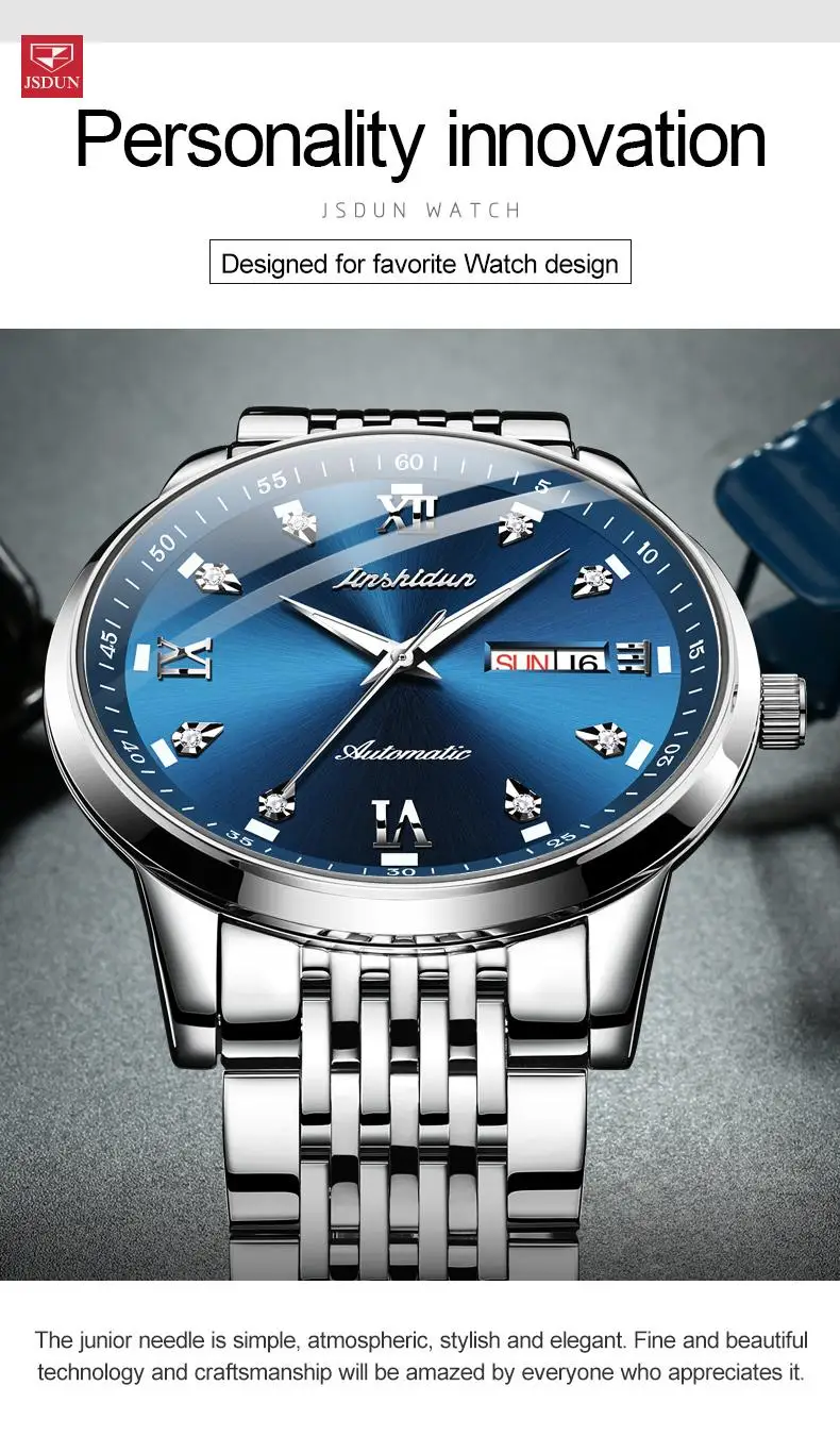 Men Watch JSDUN Luxury Brand Diamond Stainless Steel Band Mechanical WristWatch Montre Homme Date WaterProof Clock
