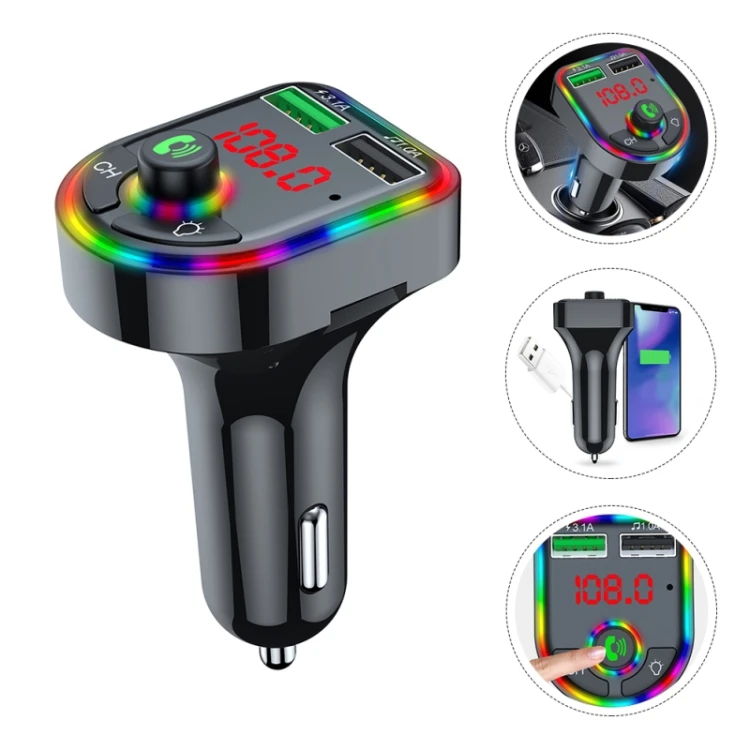 

2021 Colorful Breathing Atmosphere F6 Car FM Transmitter USB Charger Portable Adapter Dual Ports Hand free Lamp Car MP3 Player