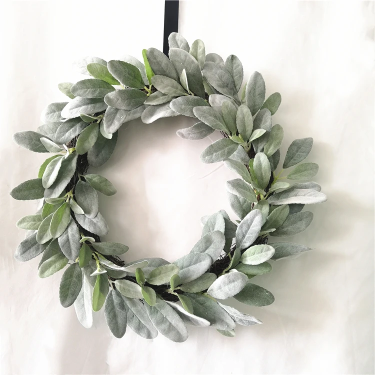 

QSLHFH-1195 Home Decor Lambs Ear Greenery Leaves Artificial Door Wreath, Green