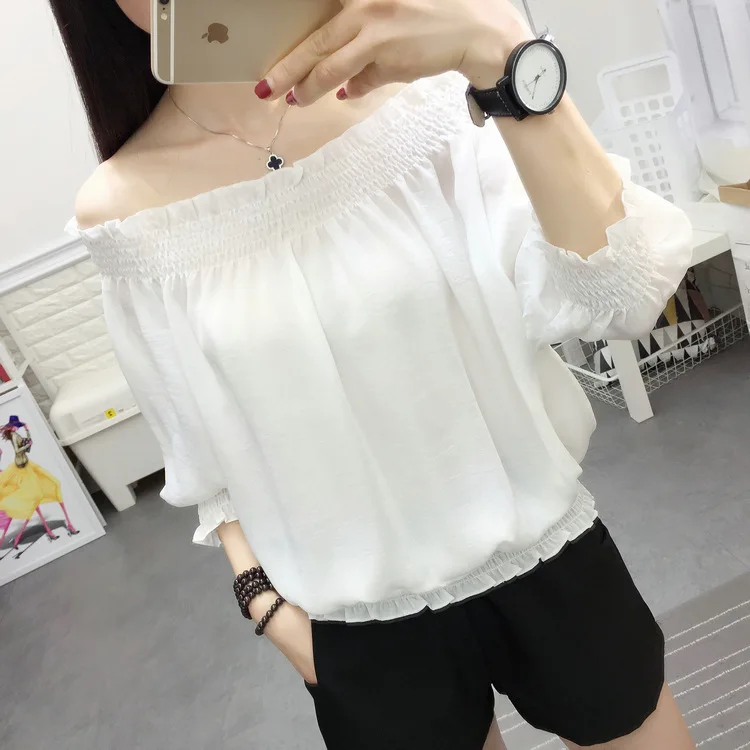 

B12010A Spring and summer new line neck shoulder loose big size bat sleeve women's chiffon blouse short