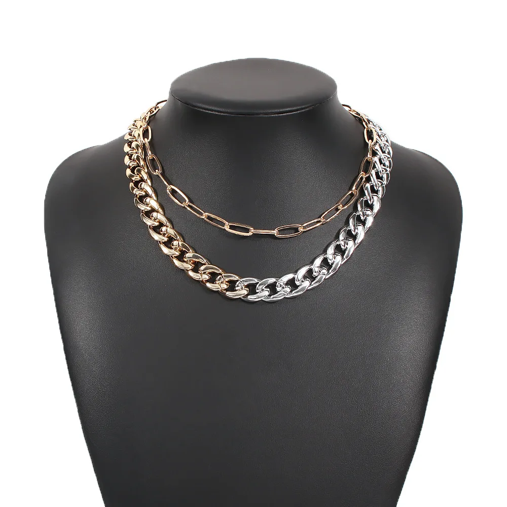 

European and American Exaggerated Punk Necklace Double Cuban Link Chain Necklace Cheap Alloy Necklace, Gold