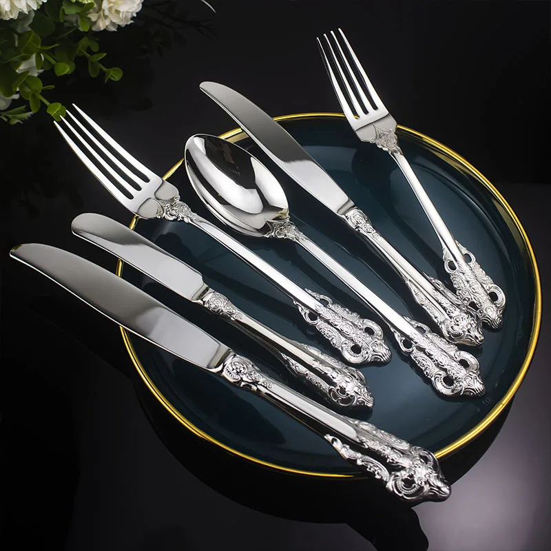 

Baroque High Quality Thick Handle 304 Cutlery Set Stainless Steel Luxury Gold Pattern Flatware