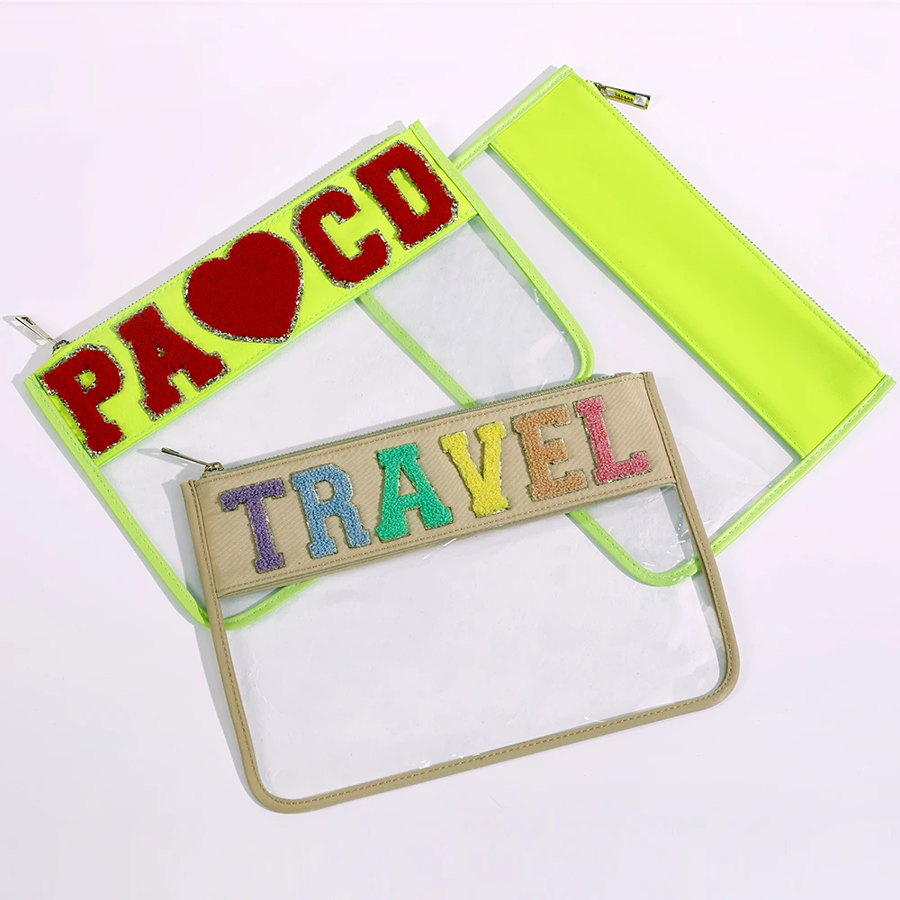 

Custom Women Bulk Makeup Travel Ltter Patch Clear PVC Transparent Cosmetic Bag