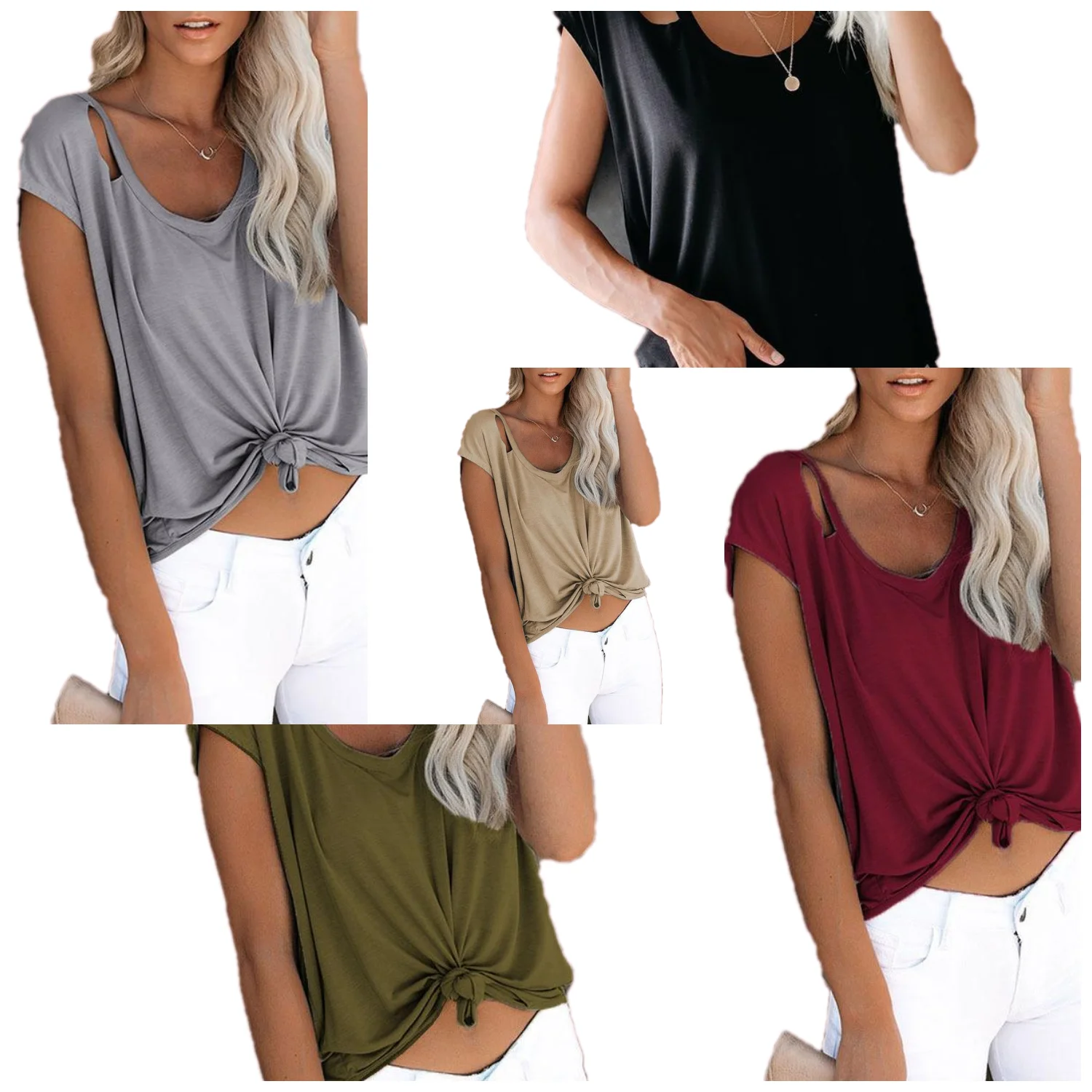 

A solid color T-shirt with a hole in a round collar
