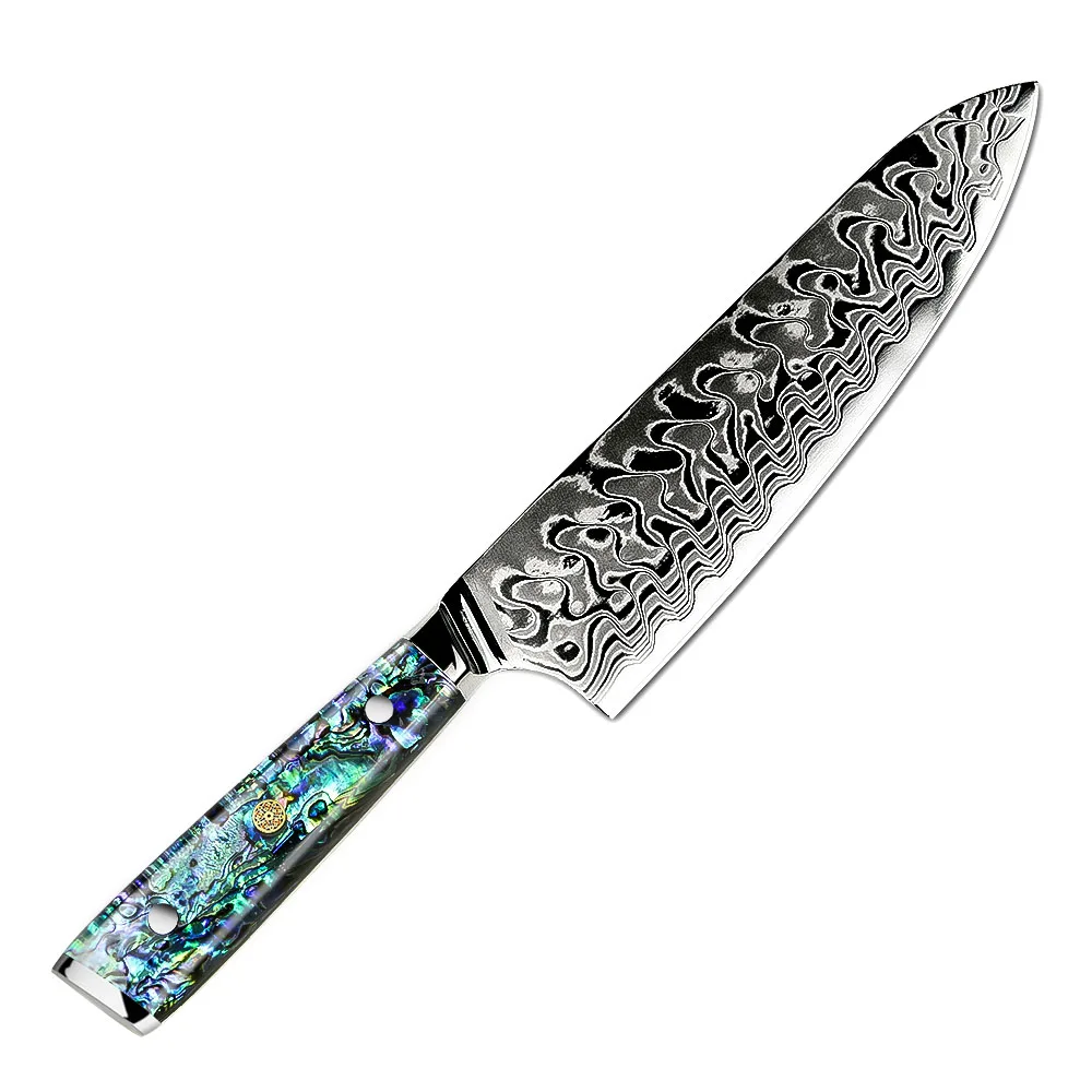 

Amber Professional japanese 8inch abalone handle damascus steel kitchen knife, Customized color