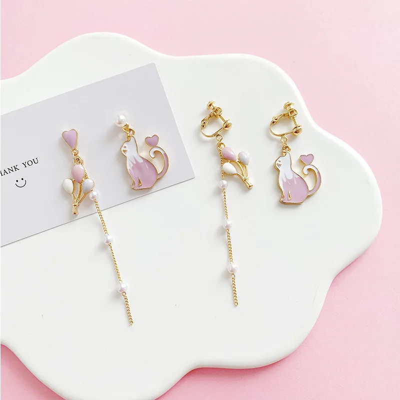 

Amazon Hot Selling Pink enamel Cute Cat Earrings Korean Earrings Jewelry Unbalanced tassel Earrings, As picture