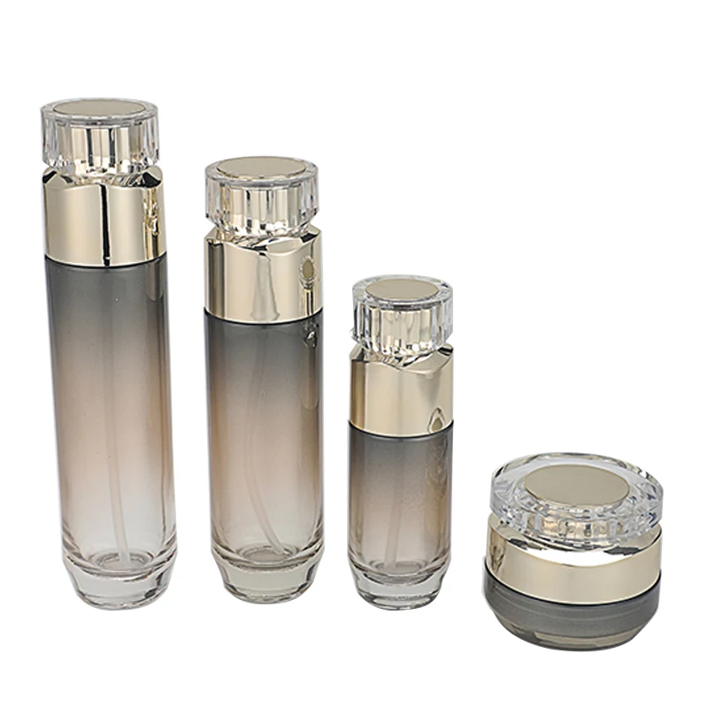 Cosmetic glass bottle set -- skincare cosmetic bottle packaging container manufacturer-Irregular gold cover with pump&spray factory