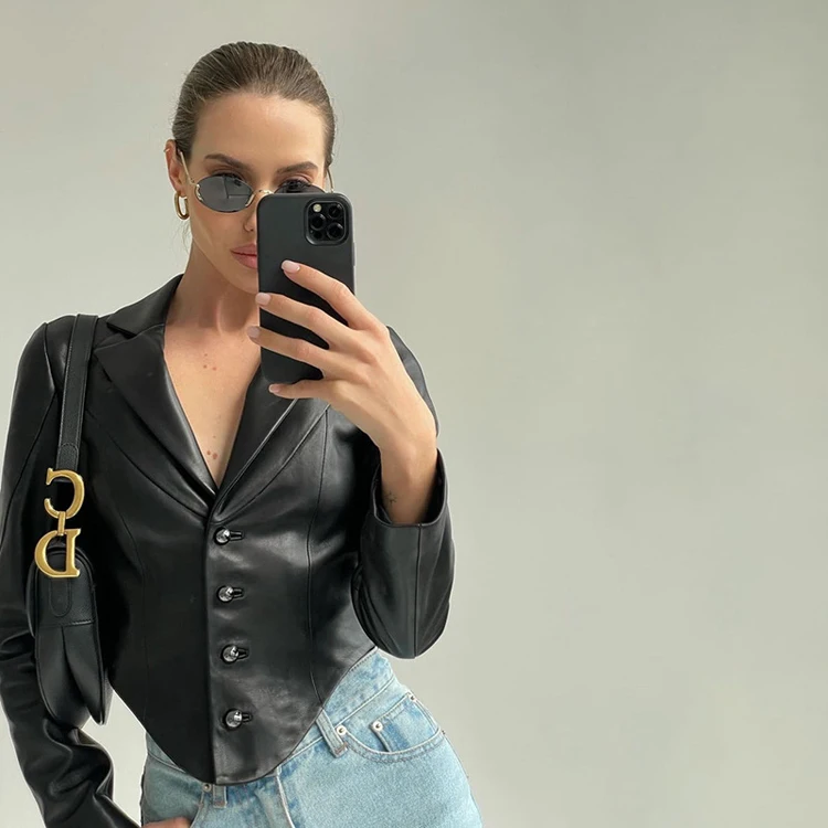 

Streetwear Fashion 2022 Irregular Crop Top Turn-Down Collar Black Pu Leather Jackets For Women