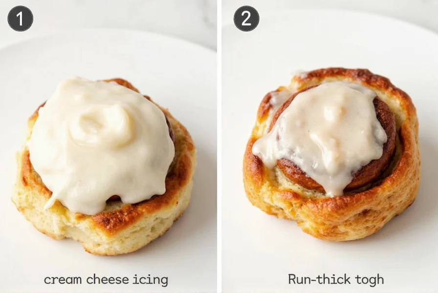 Side-by-side comparison of perfect cream cheese icing texture on cinnamon rolls versus runny and too-thick icing examples