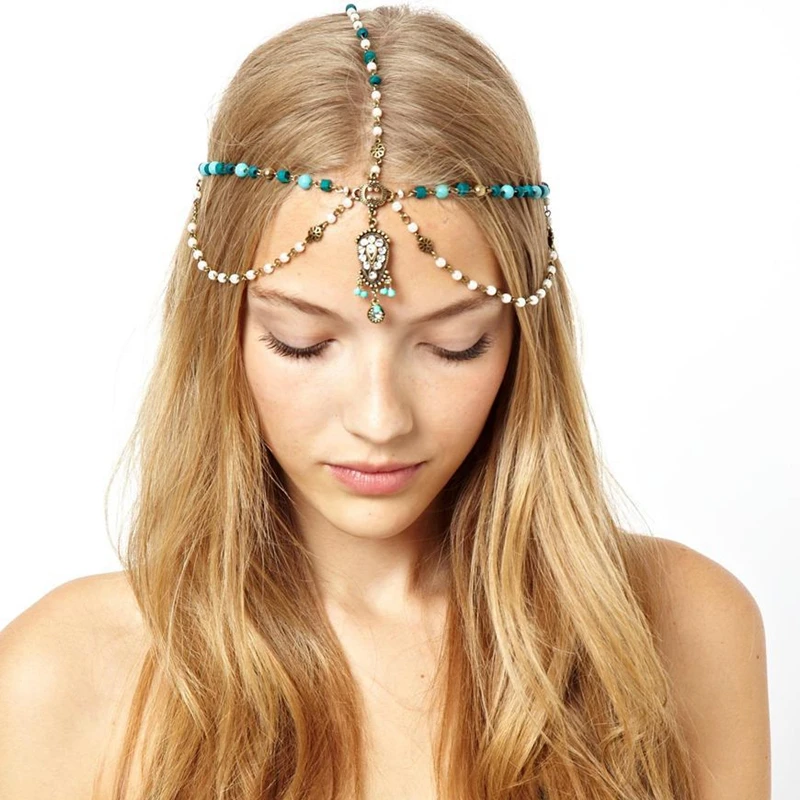 

Handmade Bohemia Vintage Tassel Simulation Pearl Beads Drop Forehead Jewelry