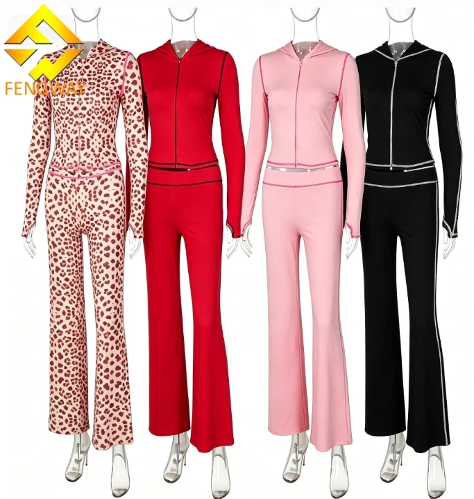2026 Trend Spring Women's Sets Custom Leopard Zip up Hoodie Set 2 Piece Flare Pants Set for Women Tracksuits