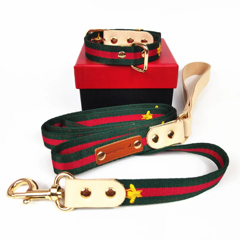 

2023 Manufacture Wholesale Heavy Duty Luxury Custom Leather Striped Pet Dog Collar and Leash Set Leashes