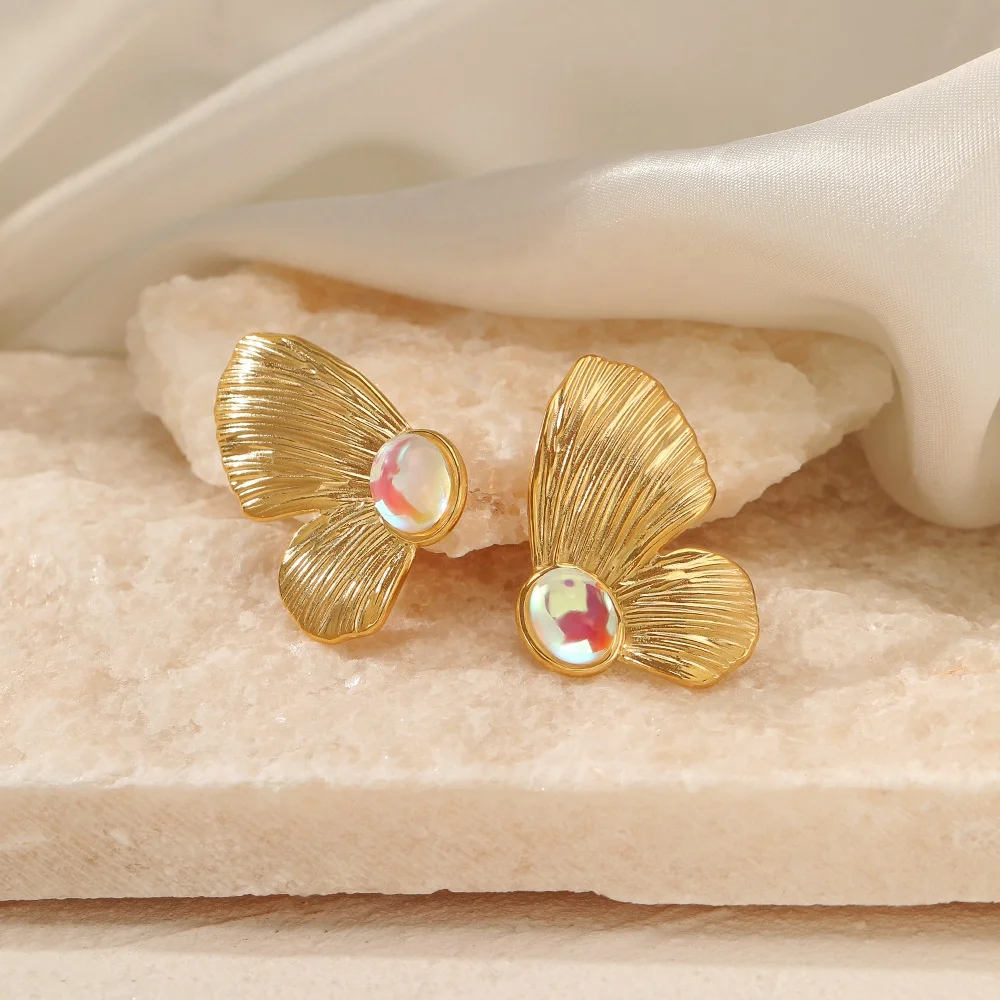 

Fashion Unique Design Jewelry Stainless Steel Gold Plated Moonstone Butterfly Stud Earrings for Women