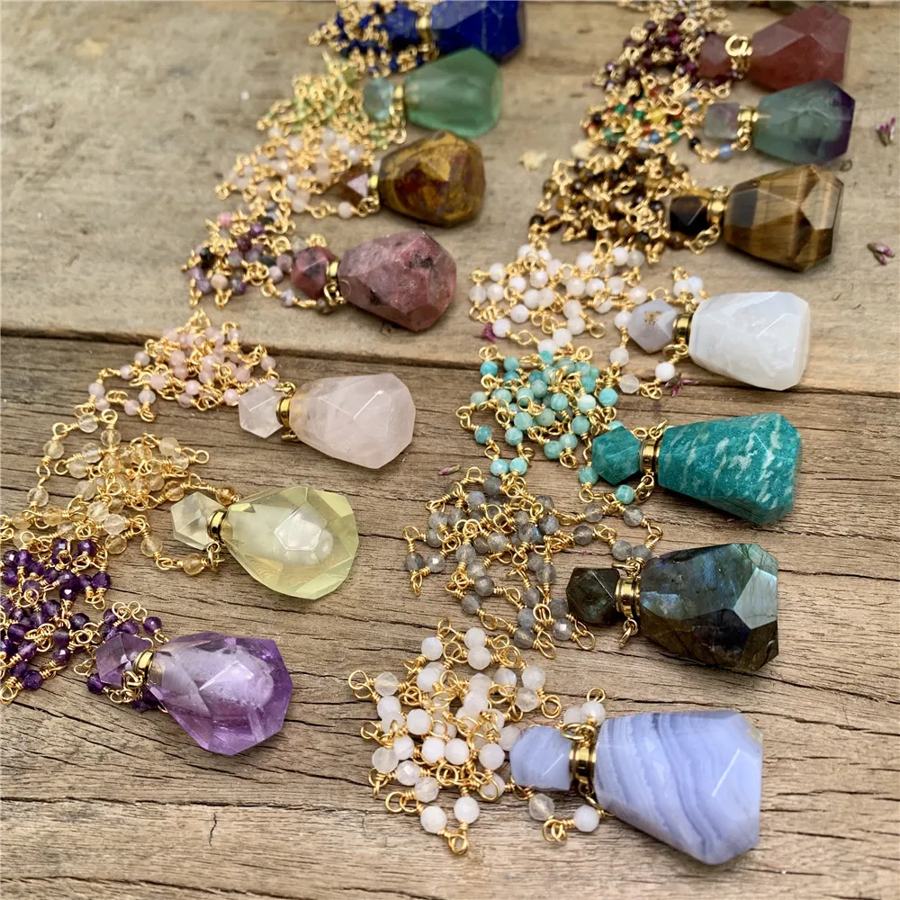 

LS-B1668 New design perfume bottle necklace jewelry natural gemstone essential oil bottle necklace stone rosary chain necklace